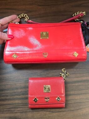 MCM Red-Orange Leather Chain-Handle Shoulder Bag with Matching Wallet